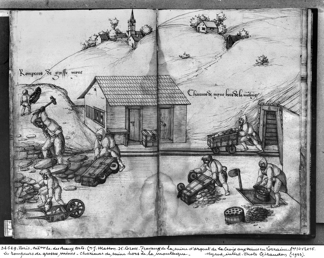 Silvergruvan i La Croix-aux-Mines, Lorraine, fol.14v och fol.15r, brytning och transport av malm, ca 1530 (pen und ink und wc på papper) av Heinrich Gross or Groff