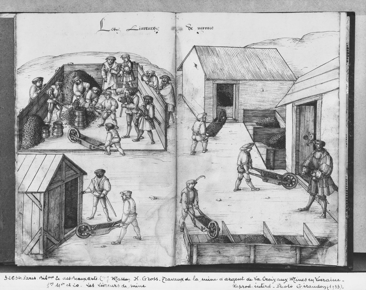 Silvergruvan i La Croix-aux-Mines, Lorraine, fol.19v och fol.20r, levererar malmen, ca 1530 (penna och bläck och wc på papper) av Heinrich Gross or Groff