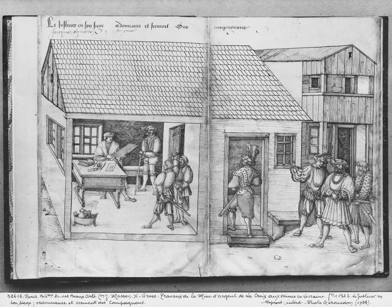 Silvergruvan i La Croix-aux-Mines, Lorraine, fol.1v och fol.2, gruvornas domare, följeslagarnas edikt och ed, c.1530 (penna och bläck och wc på papper) av Heinrich Gross or Groff