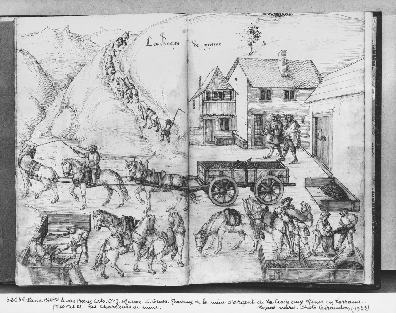 Sølvmine i La Croix-aux-Mines, Lorraine, fol.20v og fol.21r, transporterer malmen, ca. 1530 (pen og blæk og wc på papir) swed av Heinrich Gross or Groff
