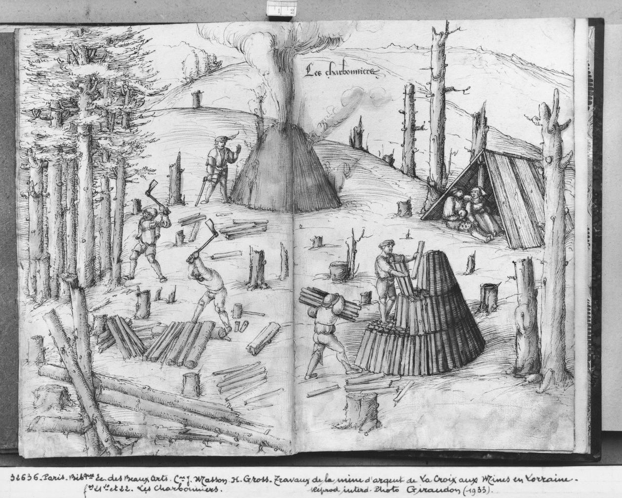 Silvergruva i La Croix-aux-Mines, Lorraine, fol.21v och 22r, kolmän, ca 1530 (penna och bläck och wc på papper) av Heinrich Gross or Groff