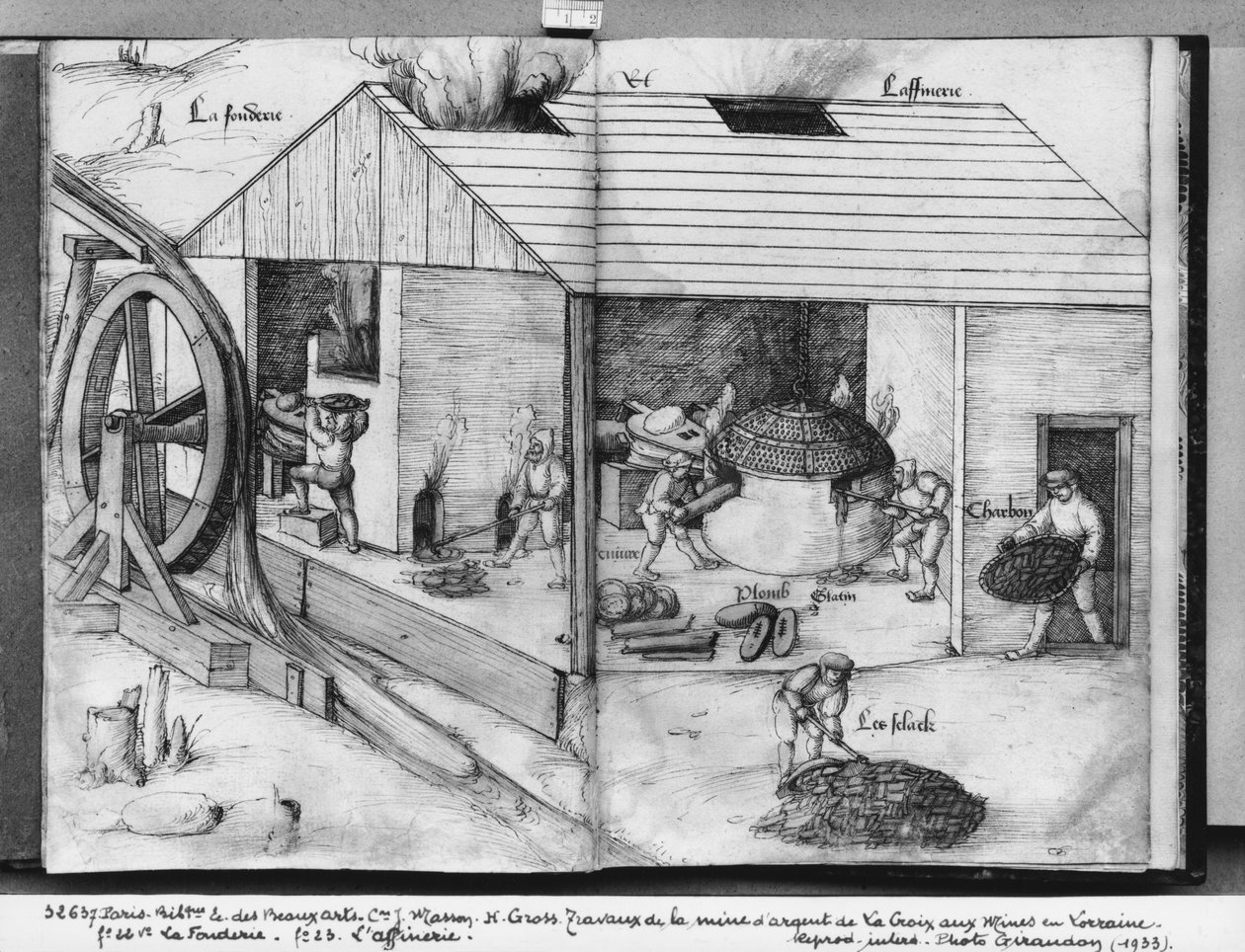 Silvergruva La Croix-aux-Mines, Lorraine, fol.22v och fol.23r, gjuteri och raffinering, c.1530 (penna och bläck och wc på papper) av Heinrich Gross or Groff