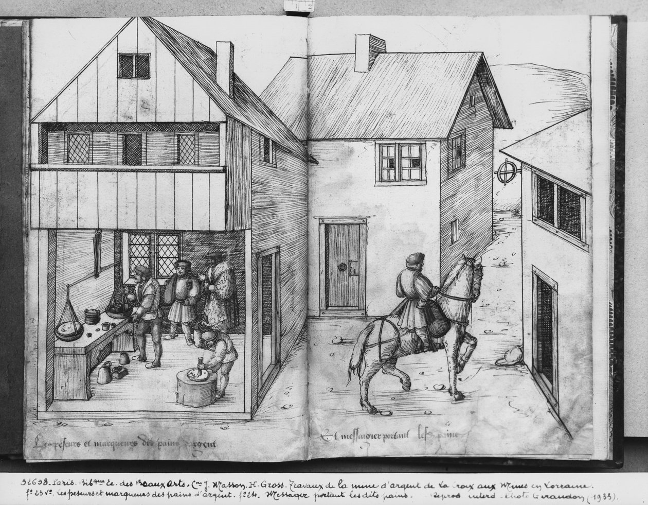 Silvergruva i La Croix-aux-Mines, Lorraine, fol.23v och fol.24r, vägning och stämpling av silvertackorna, en budbärare som bär tackorna, c.1530 (penna och bläck och wc på papper) av Heinrich Gross or Groff