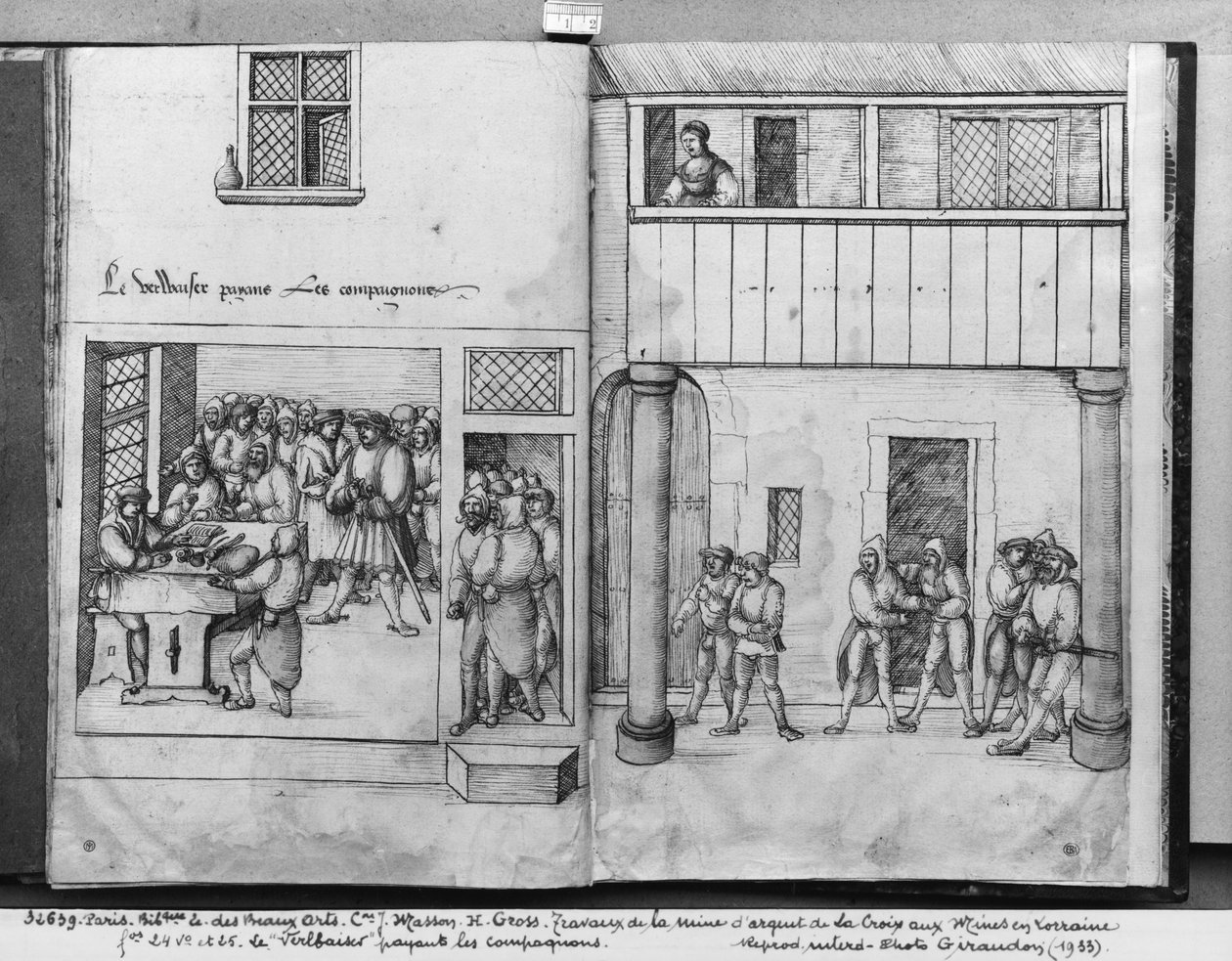 Silvergruvan i La Croix-aux-Mines, Lothringen, fol.24v och fol.25r, betalning av kompanjonerna, ca 1530 (pen und ink und wc på papper) av Heinrich Gross or Groff
