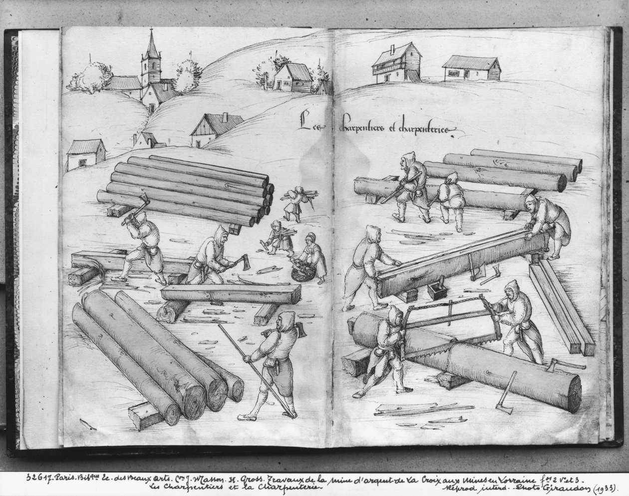 Silvergruva La Croix-aux-Mines, Lorraine, fol.2v och fol.3r, snickare och snickerier, c.1530 (penna och bläck och wc på papper) av Heinrich Gross or Groff