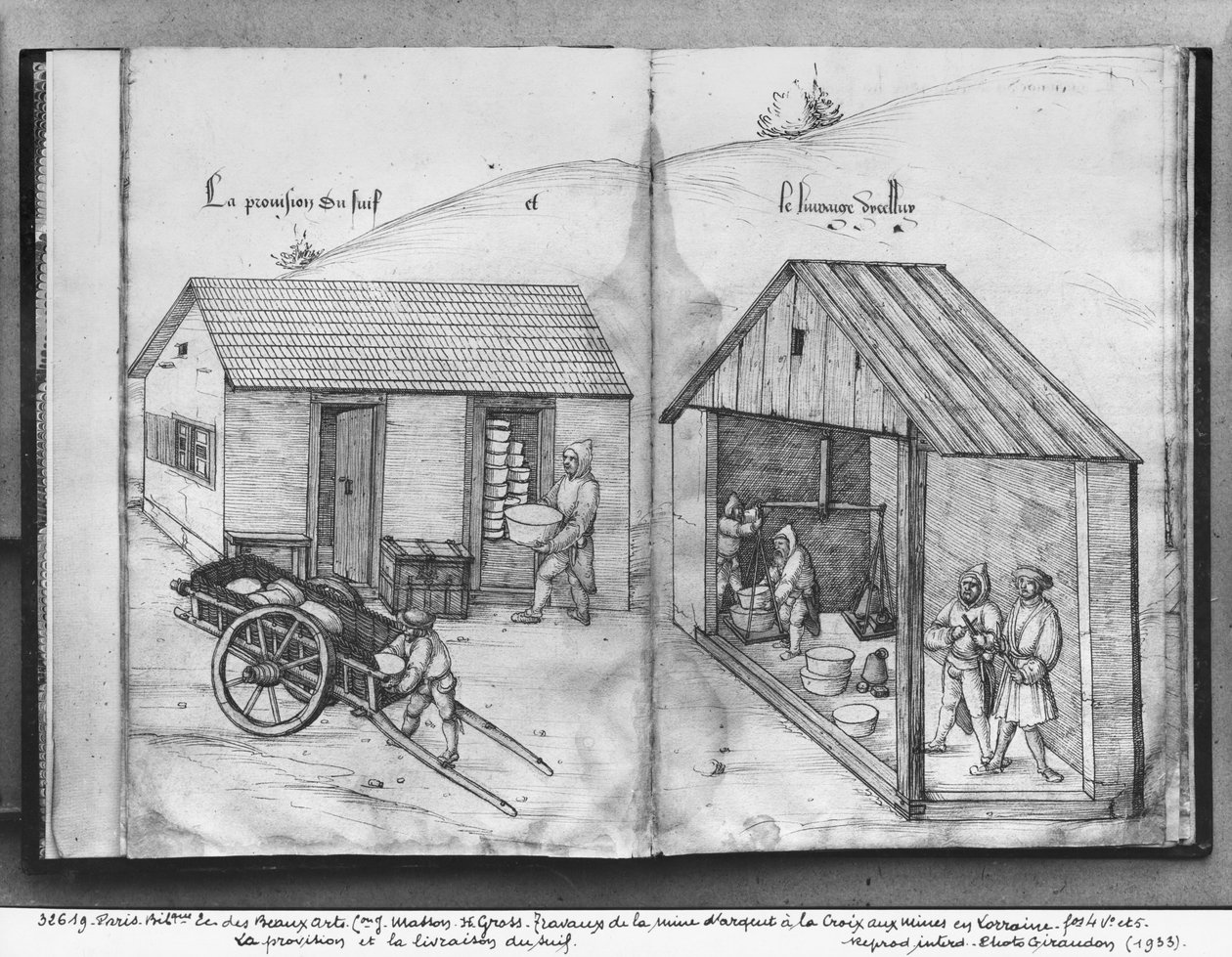 Silvergruva i La Croix-aux-Mines, Lorraine, fol.4v och fol.5r, levererar och levererar talg, ca 1530 (penna och bläck och wc på papper) av Heinrich Gross or Groff