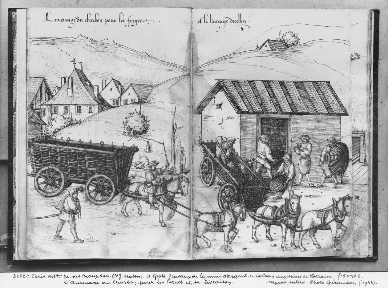 Silvergruvan i La Croix-aux-Mines, Lorraine, fol.5v och fol.6r, transport och leverans av kol till smedjorna, ca 1530 (penna och bläck och wc på papper) av Heinrich Gross or Groff