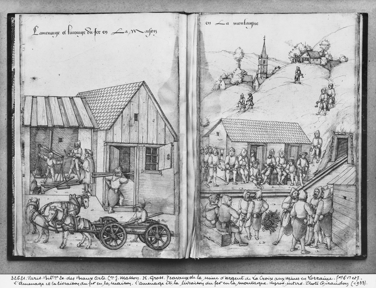 Sølvmine i La Croix-aux-Mines, Lorraine, fol.6vand fol.7r, leverer og leverer jern, ca. 1530 (pen og blæk og wc på papir) swed av Heinrich Gross or Groff