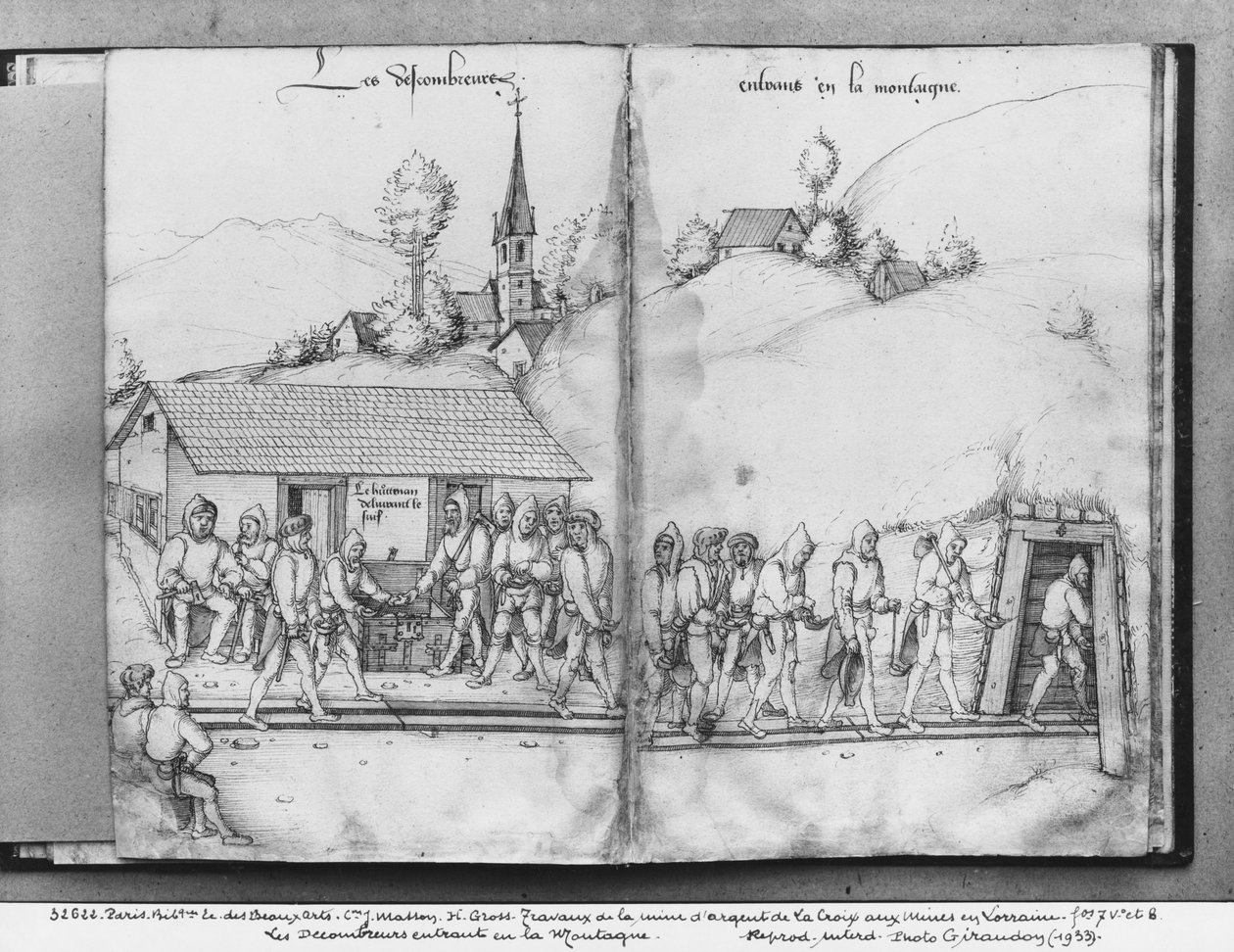 Silvergruvan i La Croix-aux-Mines, Lorraine, fol.7v och fol.8r, samlare på väg in i gruvan, ca 1530 (penna och bläck och wc på papper) av Heinrich Gross or Groff