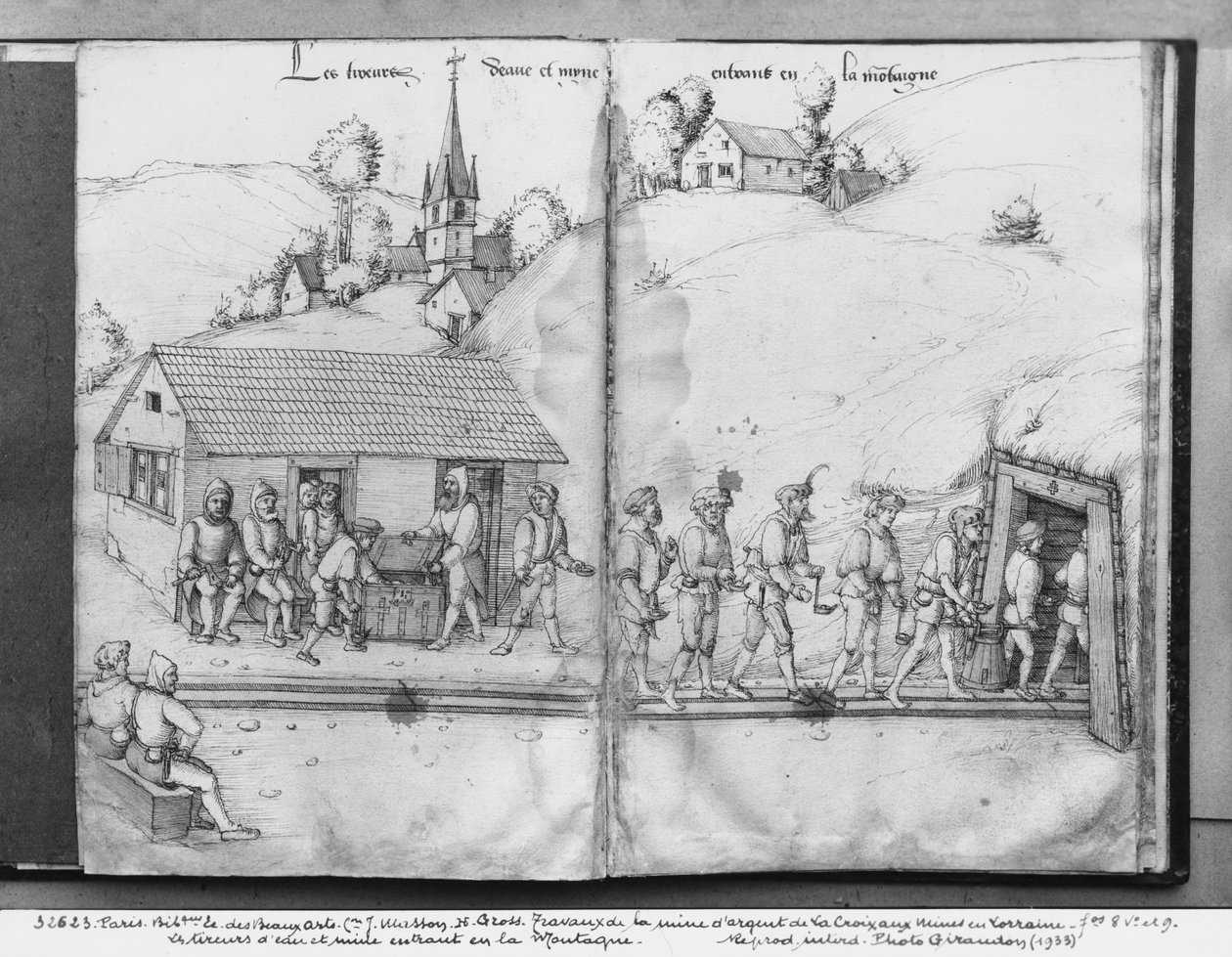 Silvergruvan i La Croix-aux-Mines, Lorraine, fol.8v och fol.9r, gruvarbetare på väg in i gruvan, ca 1530 (penna och bläck och wc på papper) av Heinrich Gross or Groff