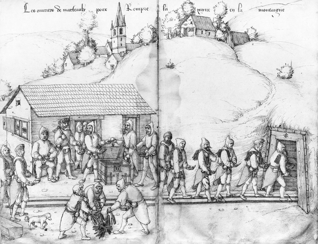 Silvergruvan i La Croix-aux-Mines, Lorraine, fol.9v och fol.10r, gruvarbetare och deras hammare, c.1530 (penna och bläck och wc på papper) av Heinrich Gross or Groff