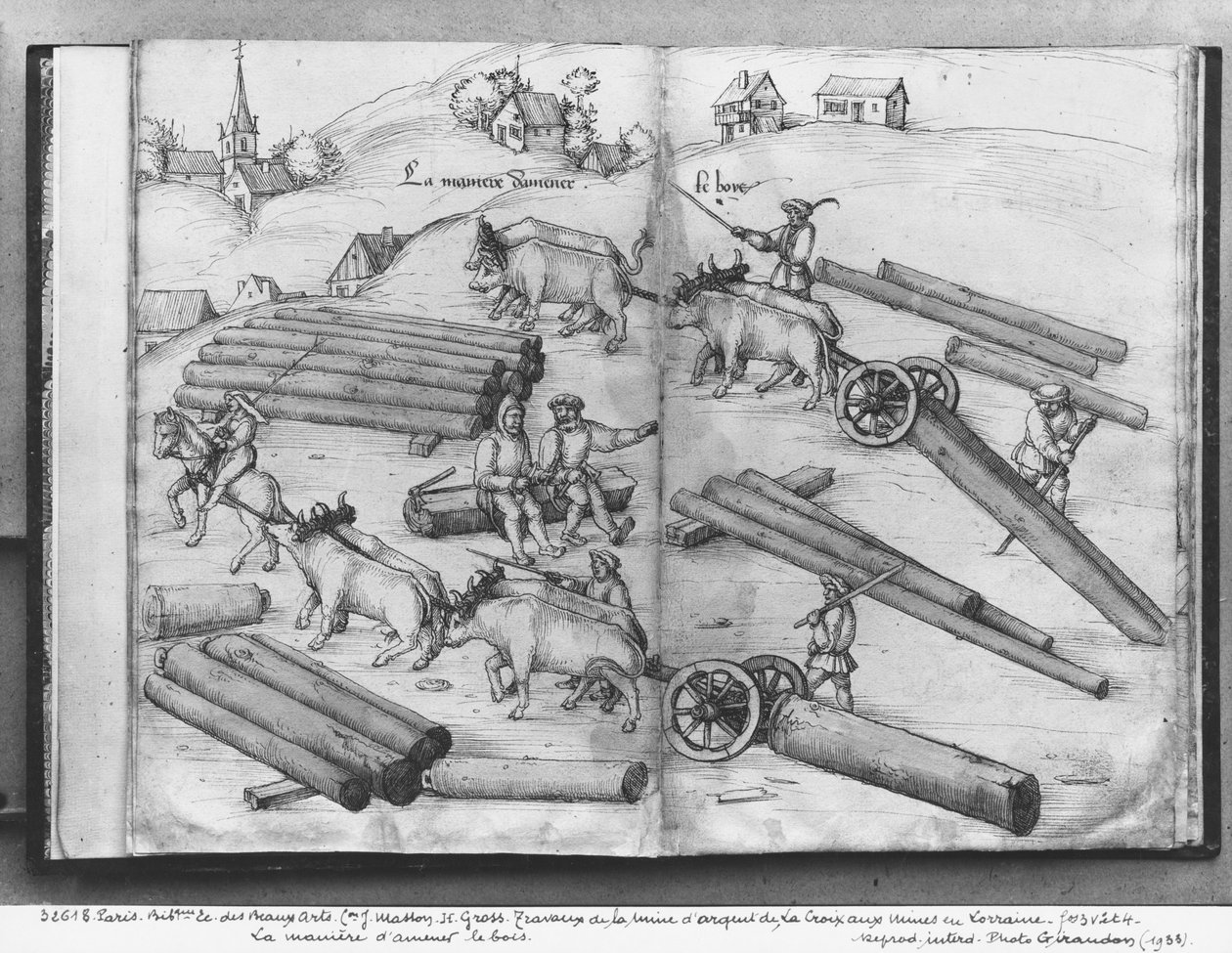 Silvergruva i La Croix-aux-Mines, Lorraine, fol.3v och 4r, transport av trä, ca 1530 (penna och bläck och wc på papper) av Heinrich Gross or Groff