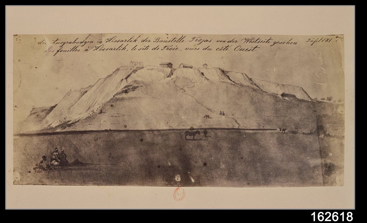 Utsikt över Trojautgrävningarna sett från väst (penna och bläck och tvätt) av Heinrich Schliemann
