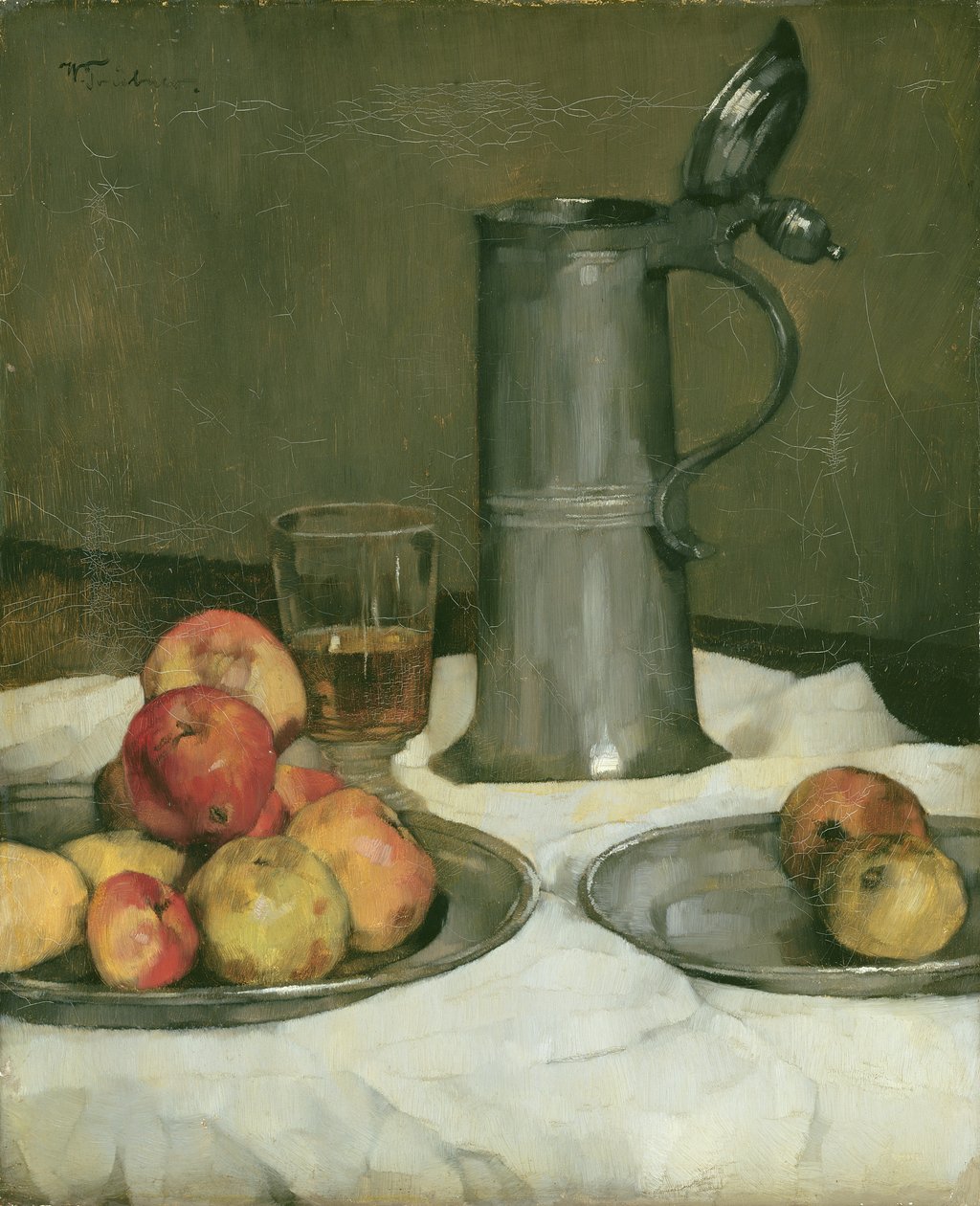 Stilleben med äpplen och tennkanna, 1878 av Heinrich Wilhelm Truebner