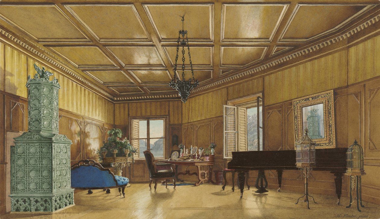 Musikrummet för ärkehertiginnan Margarete, prinsessan av Sachsen, i Schloss Ambras, 1870-9 (akvarell och gouache på vävt papper) av Heinrich von Förster