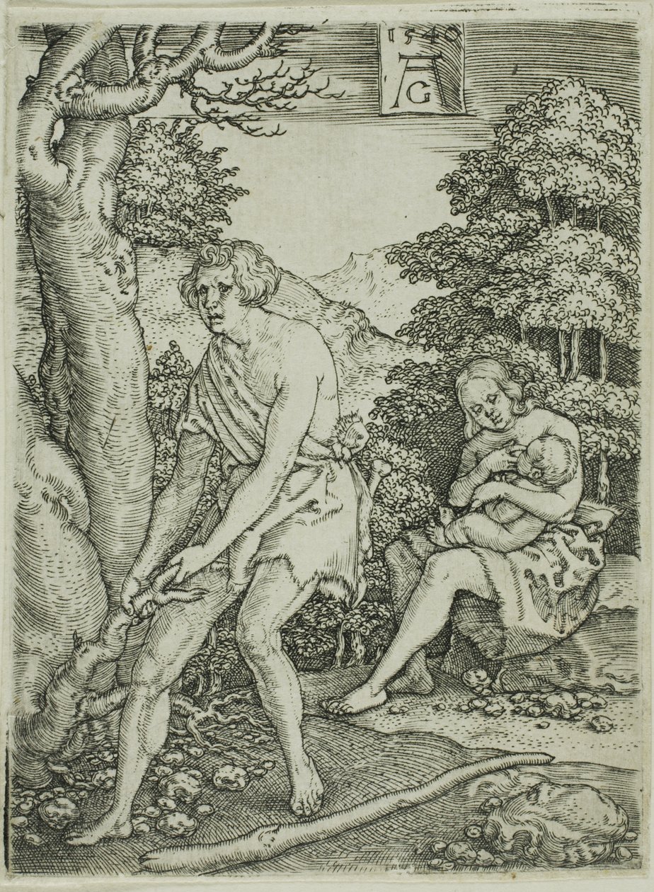 Adam och Eva på jobbet, från Berättelsen om Adam och Eva av Heinrich Aldegrever