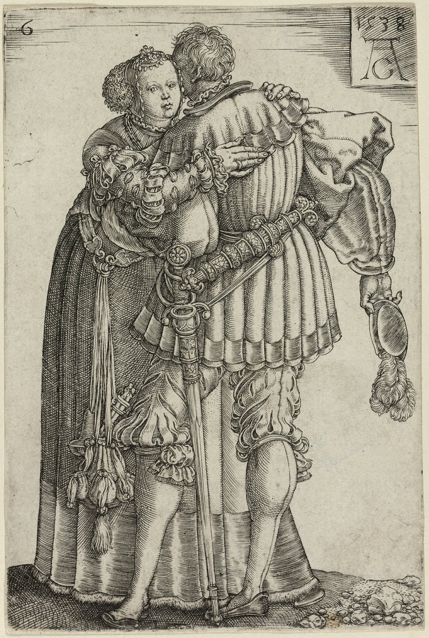 Couple Embracing, tallrik sex från The Large Wedding-Dancers av Heinrich Aldegrever
