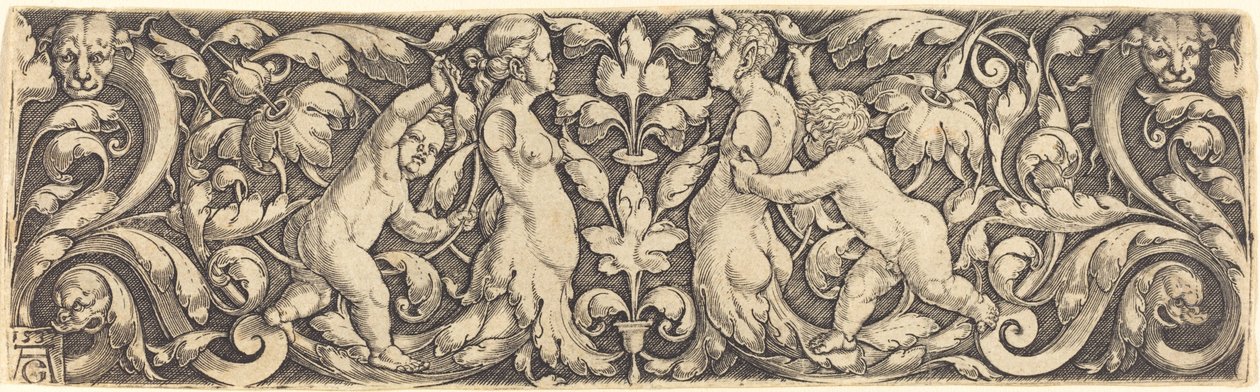 Korspanel med vinstockar i mitten och Tritons par av Heinrich Aldegrever