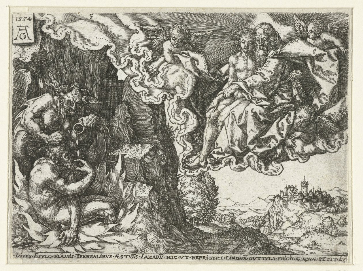 Den rike mannen i helvetet ser Abraham med Lasarus Liknelsen om Lasarus och den rike mannen (serietitel) av Heinrich Aldegrever