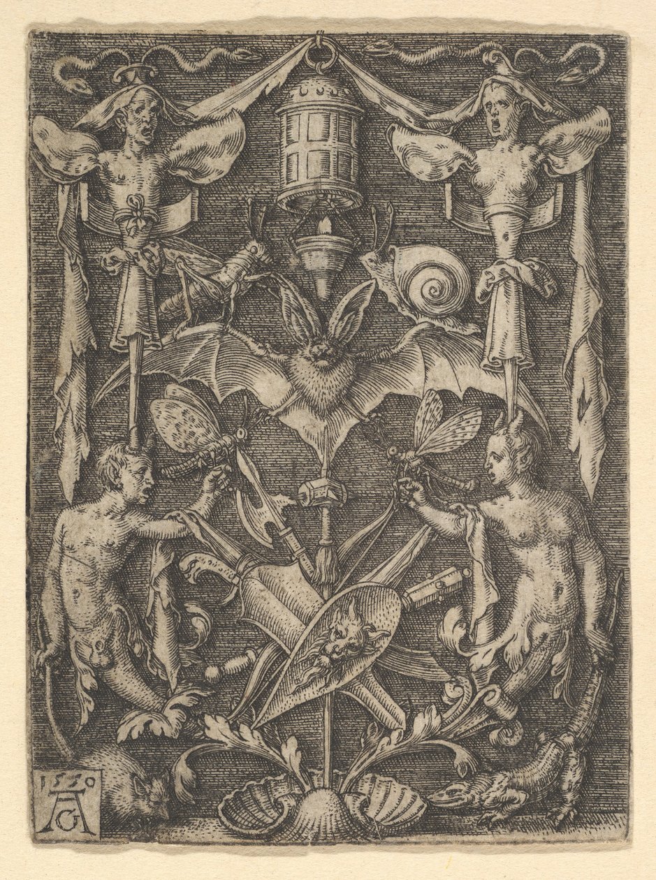 Design för en kandelabergrotesk med en fladdermus i mitten, 1550. av Heinrich Aldegrever