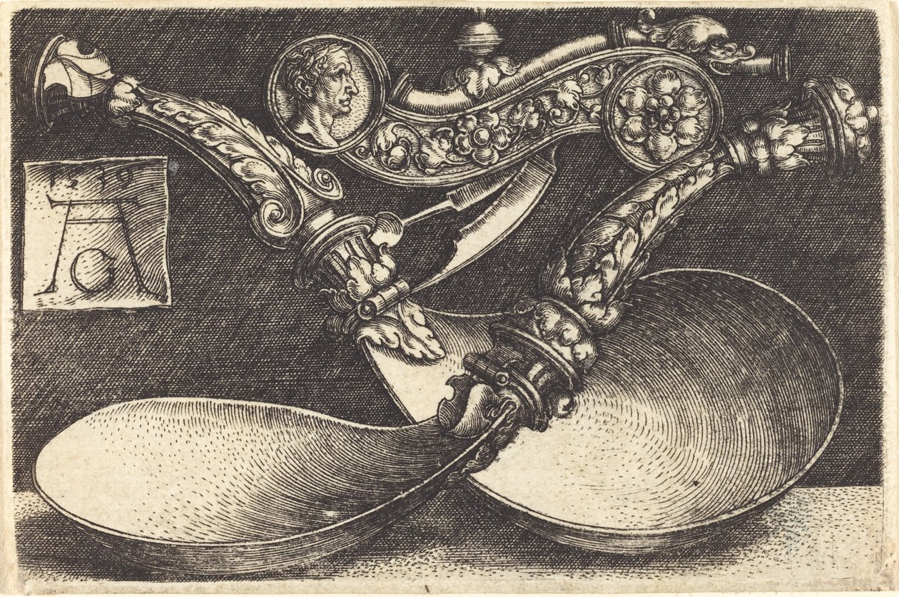 Motiv för två skedar och en hundvissling, 1539. av Heinrich Aldegrever