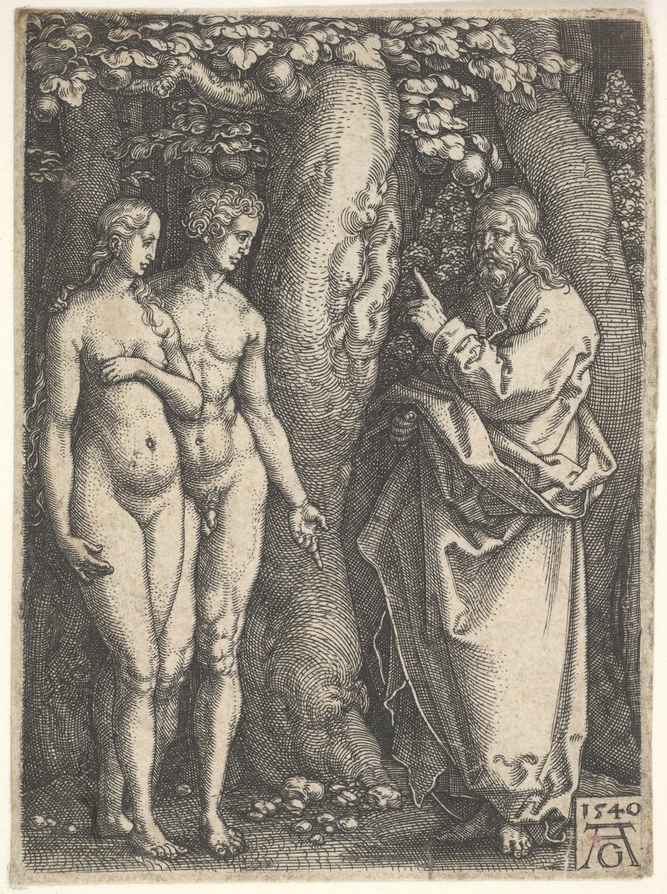 Gud till höger förbjuder de nakna Adam och Eva till vänster att äta från kunskapens träd i..., 1540. av Heinrich Aldegrever