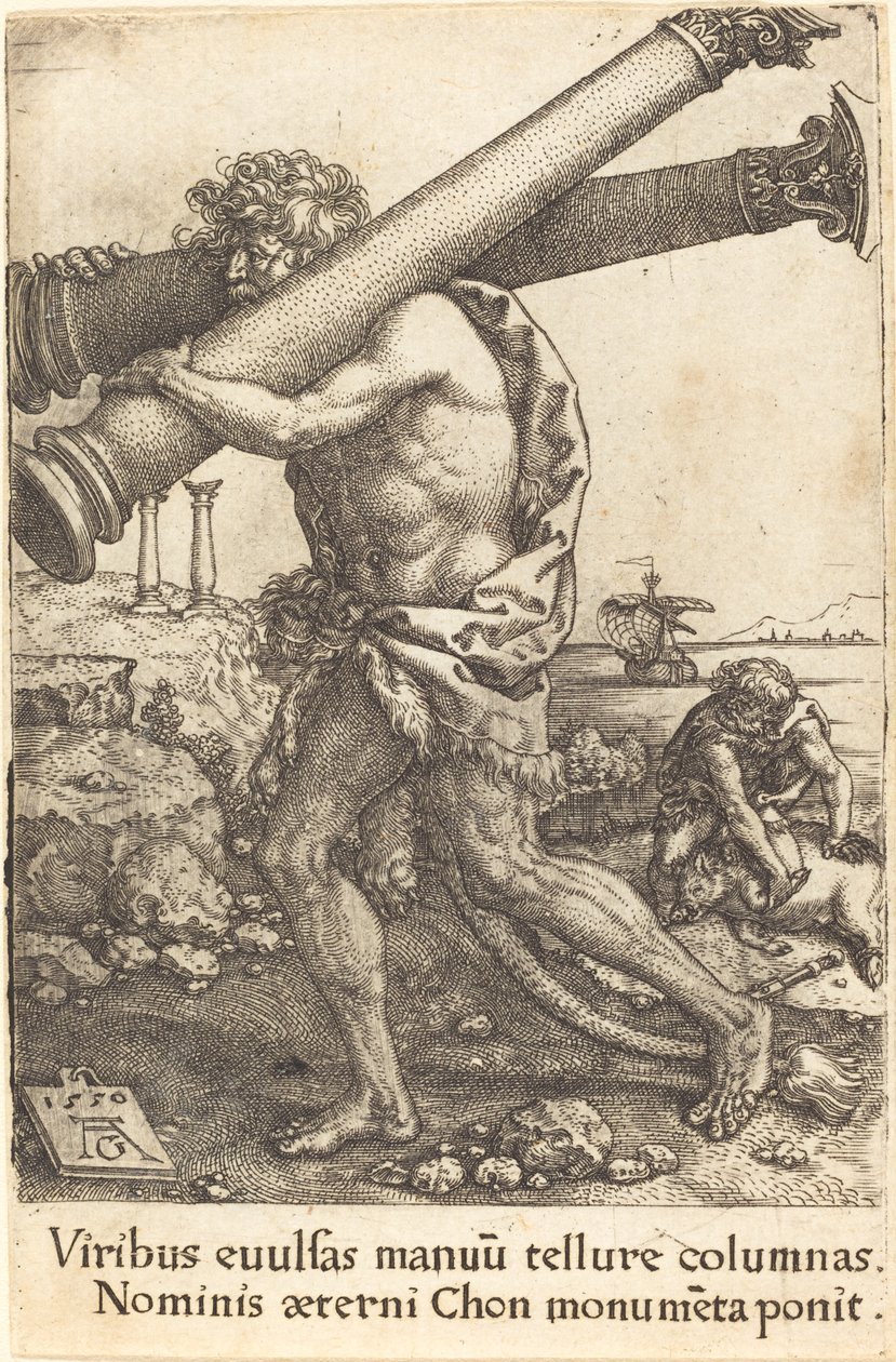 Herkules bär Gazas två kolonner, 1550. av Heinrich Aldegrever