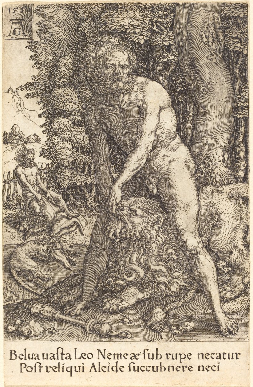 Herkules dödar lejonet av Nemea, 1550. av Heinrich Aldegrever