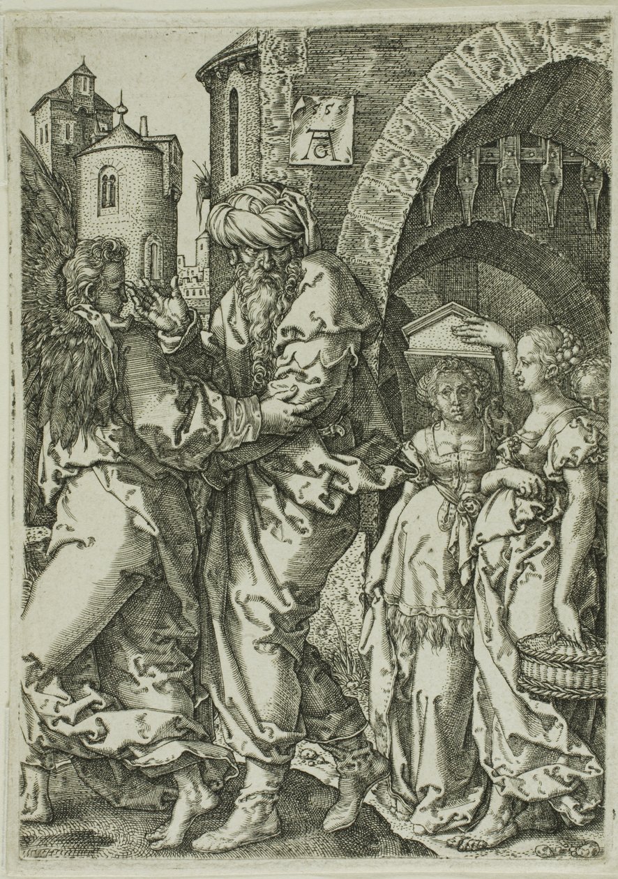 Lot och hans familj flyr från Sodom, från historien om Lot av Heinrich Aldegrever