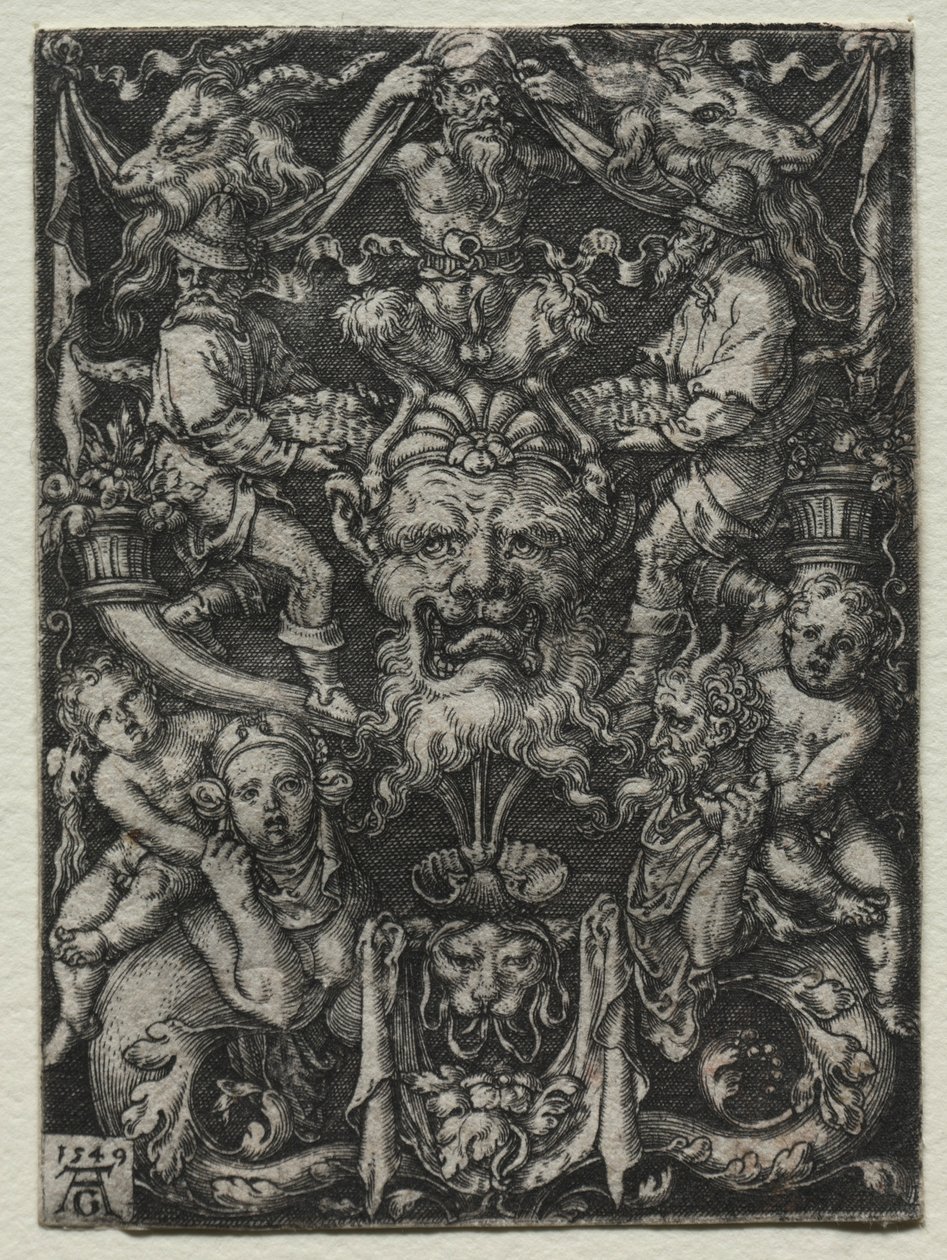 Prydnadsdesign med en mask, ett par tritoner och två barn nedanför, 1549. av Heinrich Aldegrever