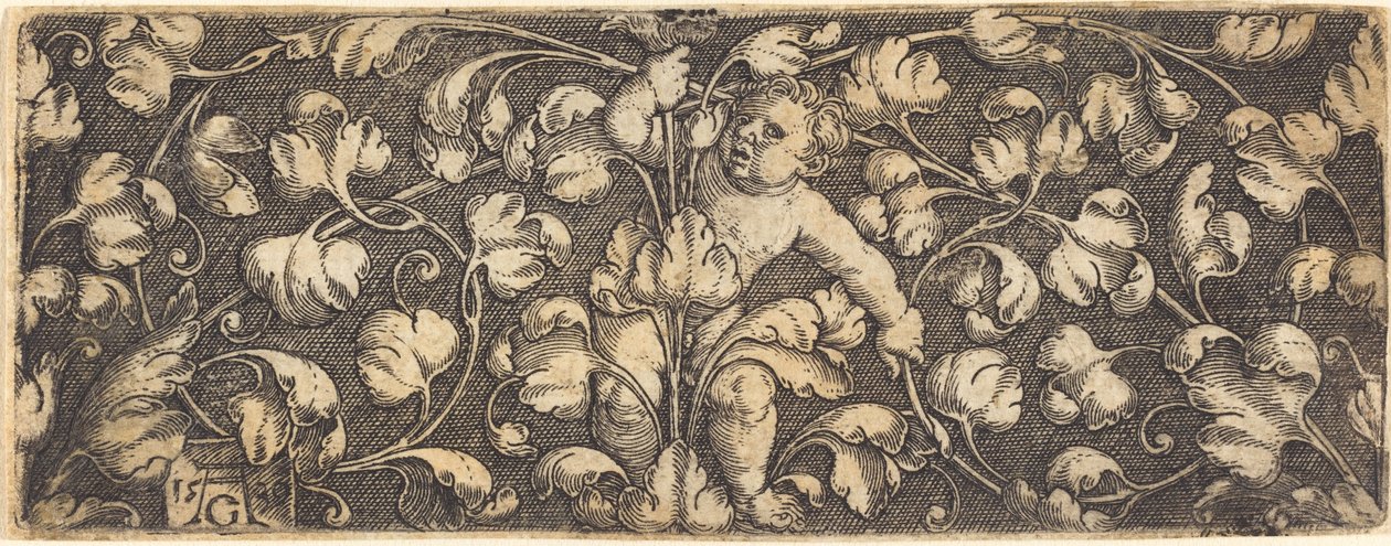 Prydnad med lövverk och ett barn i mitten, 1539. av Heinrich Aldegrever
