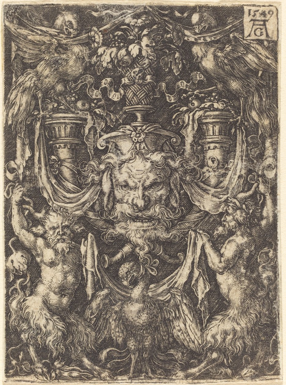 Ornament with Mask, Eagle between Satyrs Below, 1549. av Heinrich Aldegrever