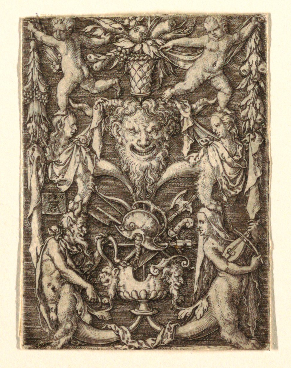 Prydnad med mask och groteska figurer av Heinrich Aldegrever