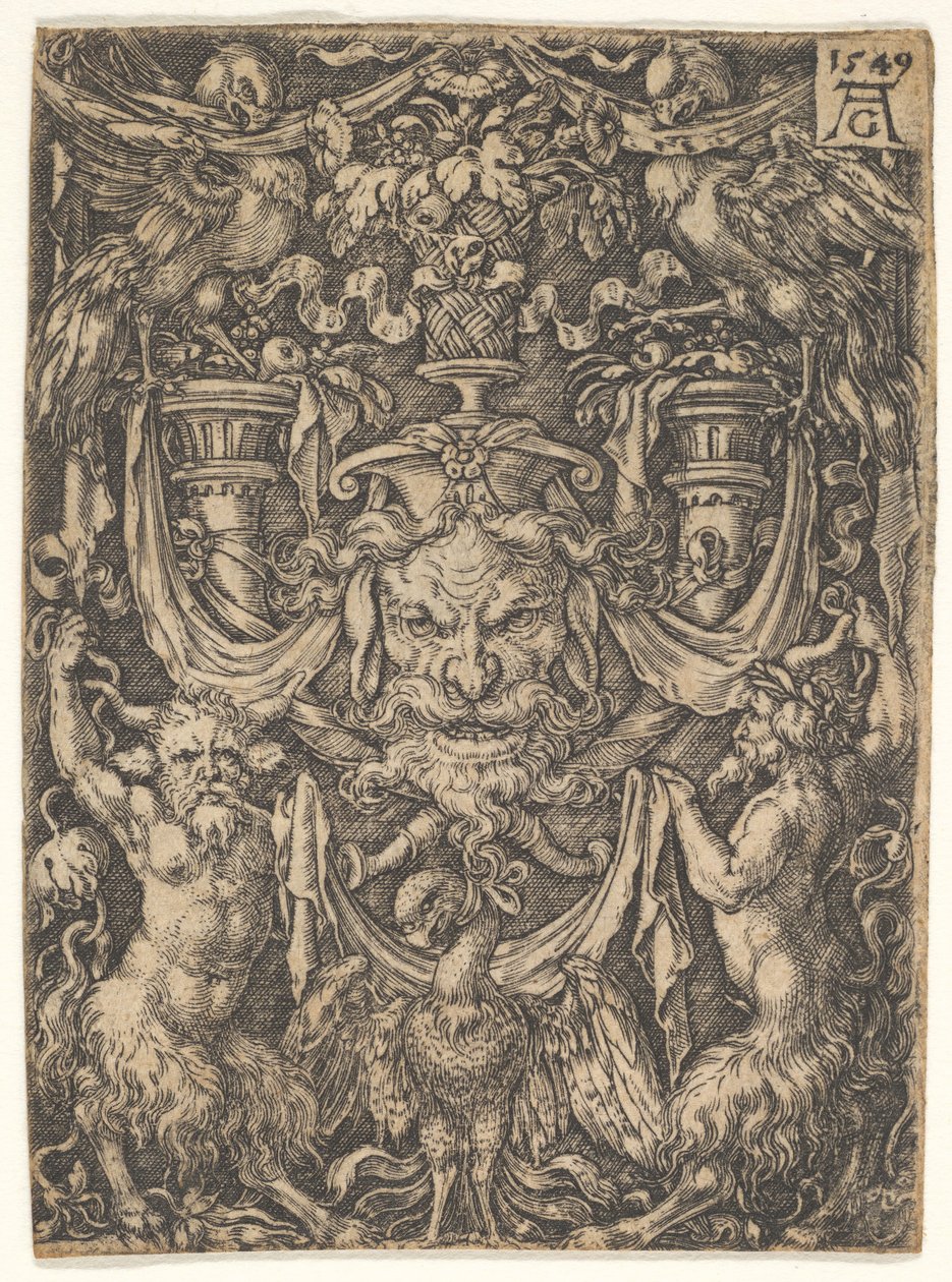 Ornamental design med en mask och en örn mellan två fauner nedan, 1549. av Heinrich Aldegrever