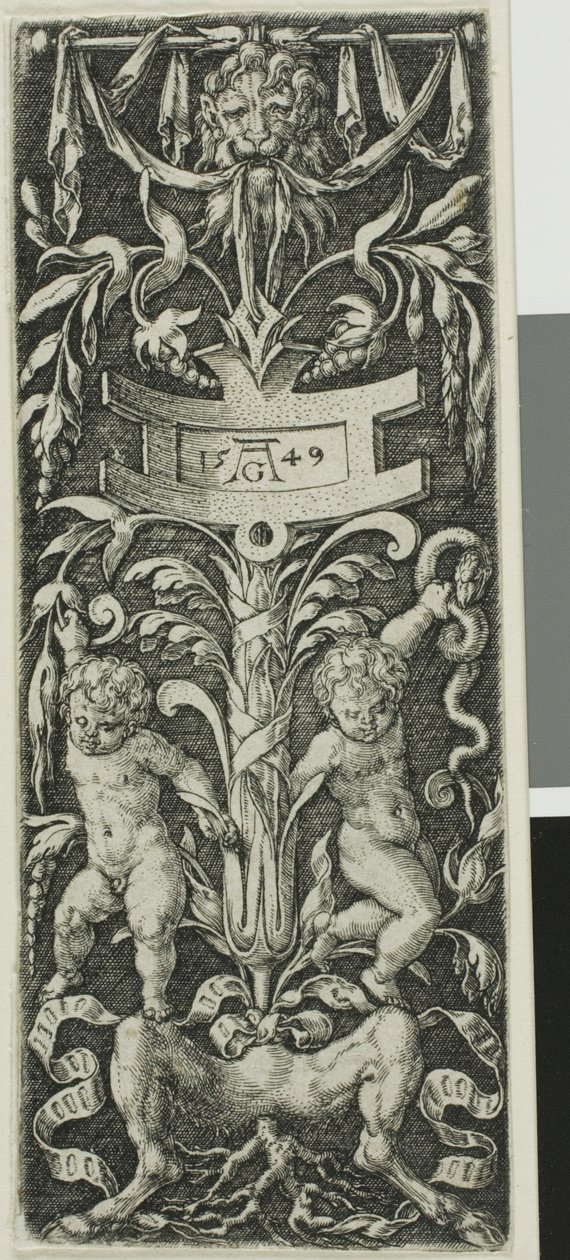 Panel av prydnad med två nakna pojkar stående på benen av en satyr av Heinrich Aldegrever