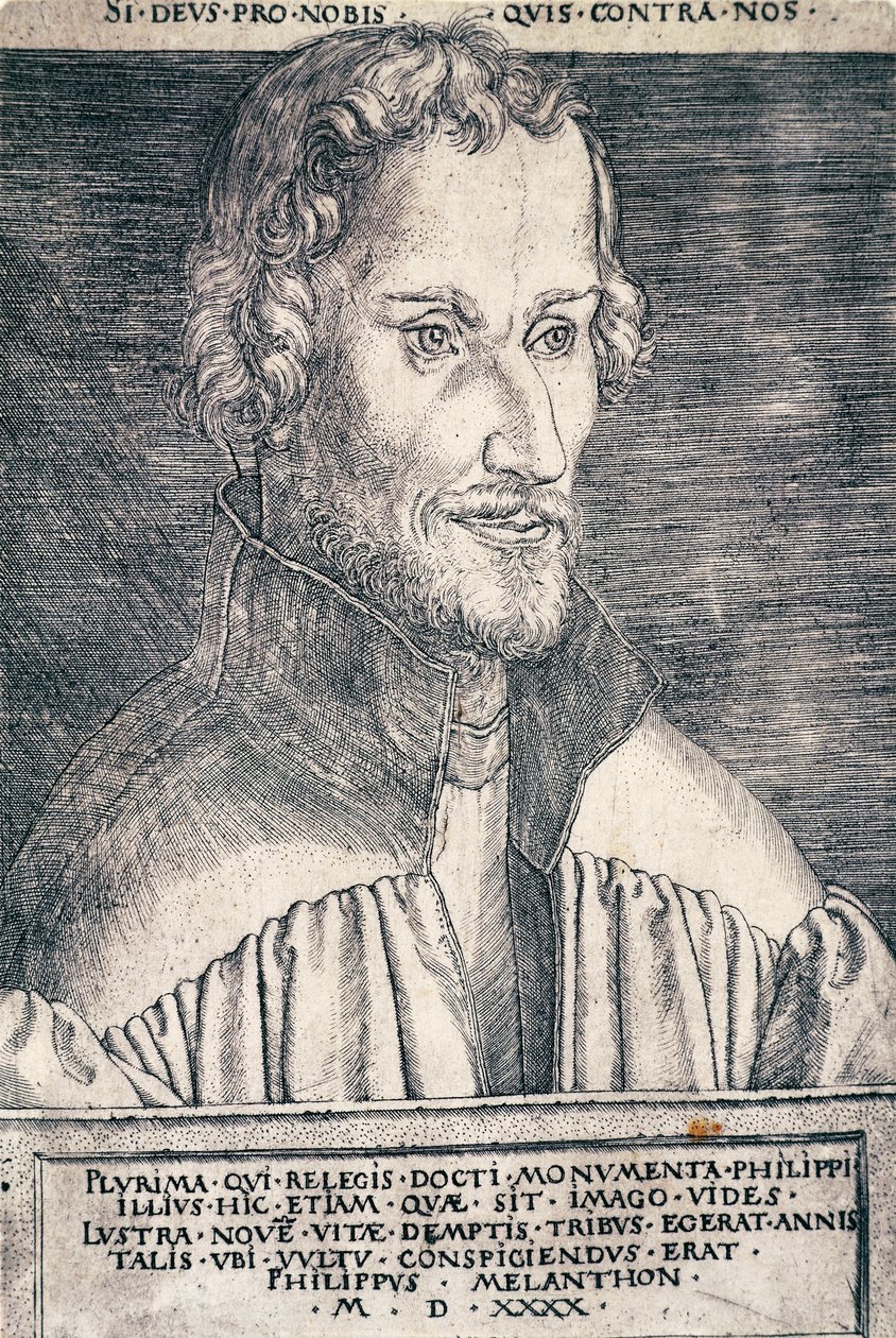 Porträtt av Philip Melanchthon eller Philipp Schwarzerd (1497-1560), tysk humanist och teolog, gravyr av Heinrich Aldegrever (1502-ca 1561) av Heinrich Aldegrever