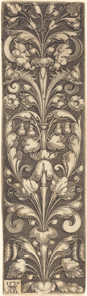 Kvist av dekorativt lövverk med två masker och två delfiner, 1530. av Heinrich Aldegrever