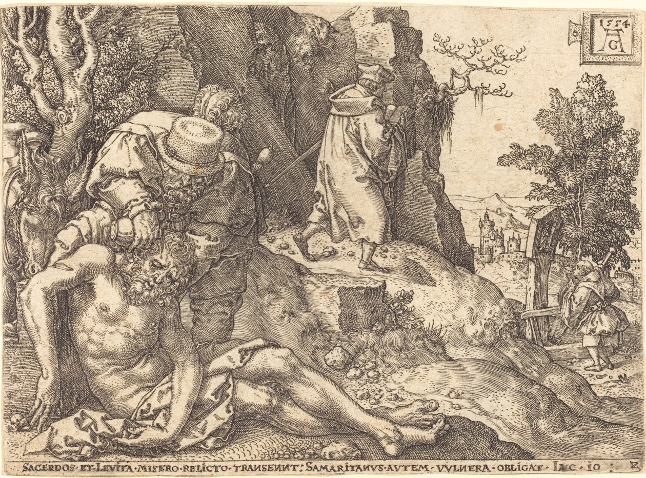 Den barmhärtige samariten tjänar resenären, 1554. av Heinrich Aldegrever
