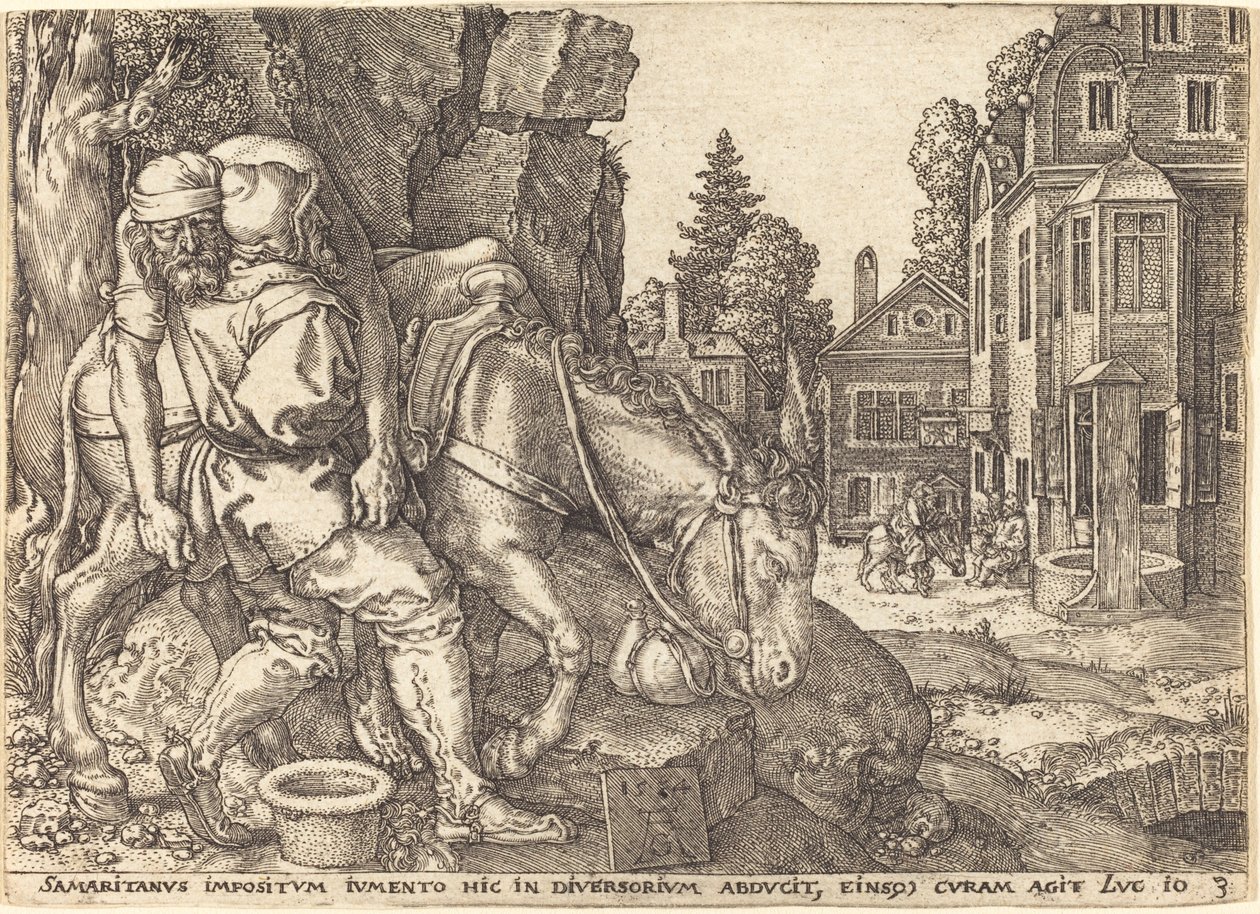 Den barmhärtige samariten placerar resenären på en mula, 1554. av Heinrich Aldegrever