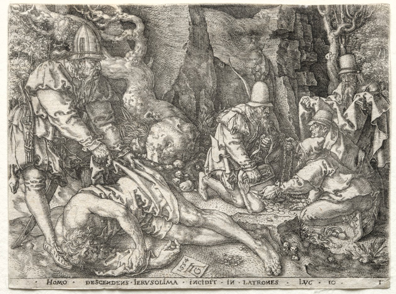 Liknelsen om den barmhärtige samariten: Rånarna attackerar de resenärer, 1554. av Heinrich Aldegrever