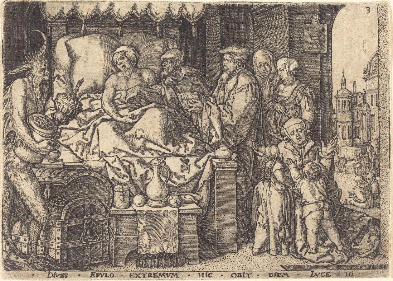 Den rike mannen på sin dödsbädd, 1554. av Heinrich Aldegrever