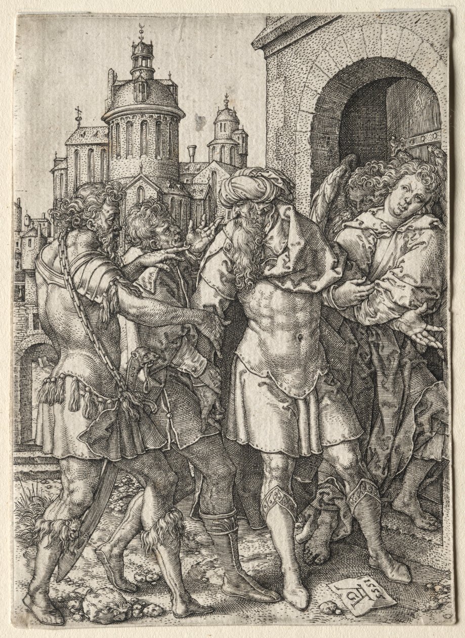 The Story of Lot: Lot hindrar sodomiterna från våld, 1555. av Heinrich Aldegrever