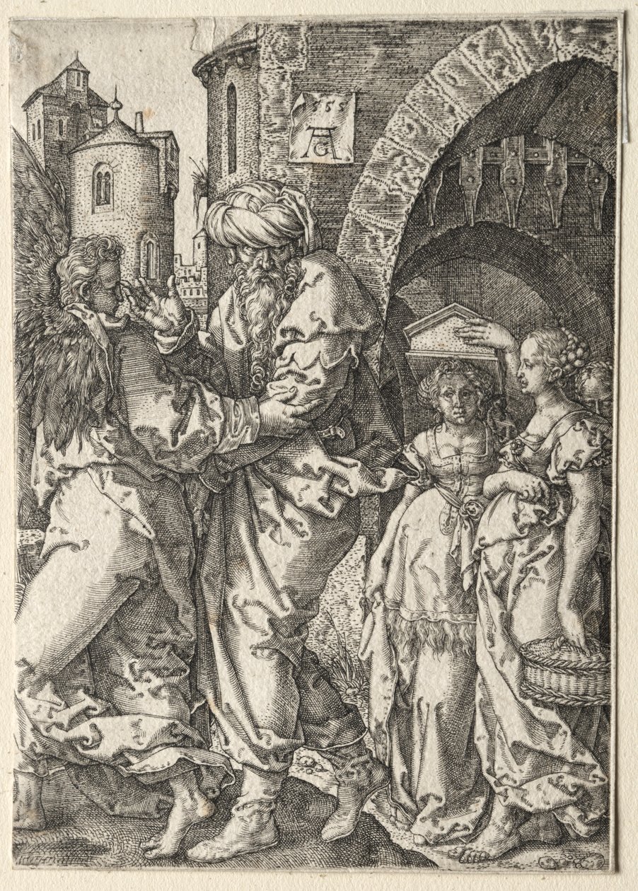 Historien om Lot: Lot och hans familj flyr från Sodom av Heinrich Aldegrever
