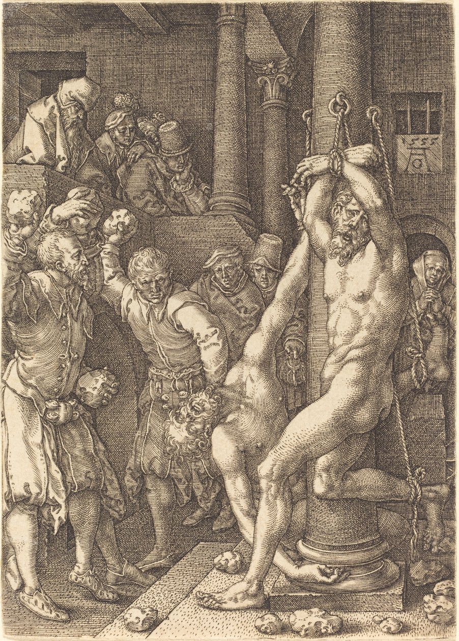 De två äldste stenade av folket, 1555. av Heinrich Aldegrever
