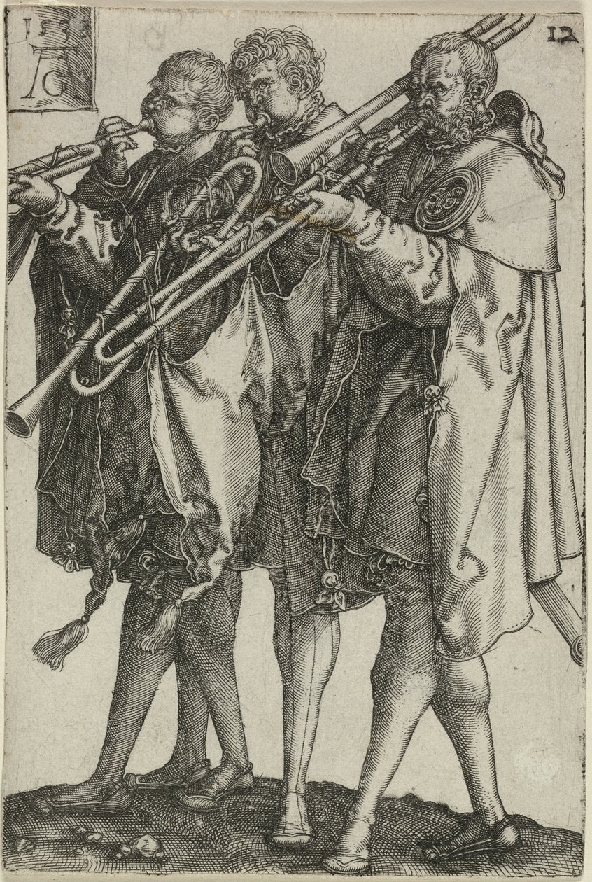 Tre trombonister, tallrik tolv från The Large Wedding-Dancers av Heinrich Aldegrever