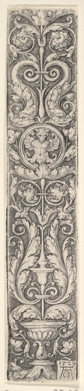 Vertikal panel med en kandelaber innehållande en medaljong med en kentaur och ett par Dolp..., 1529. av Heinrich Aldegrever