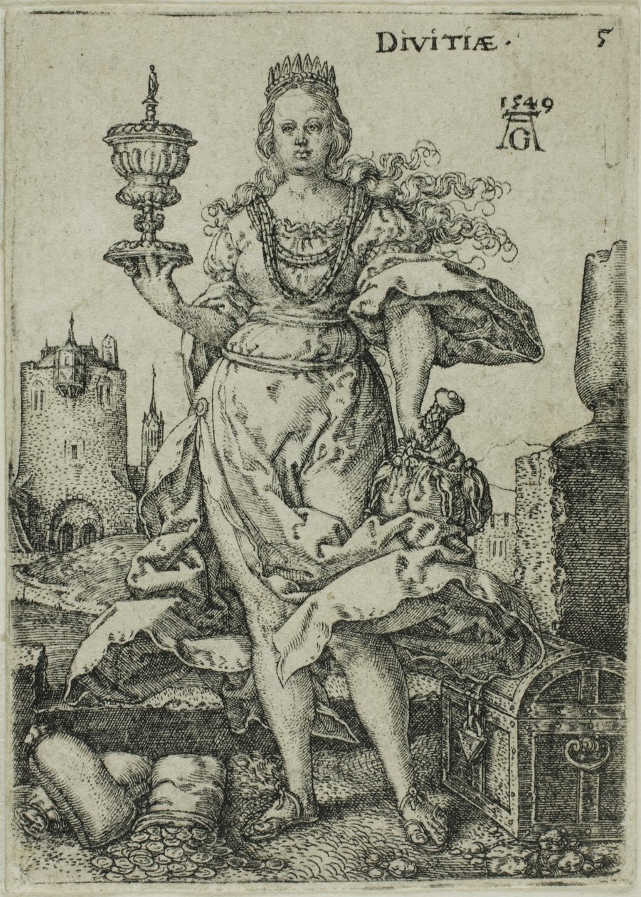 Rikedom, tallrik fem från Virtues and Vices av Heinrich Aldegrever