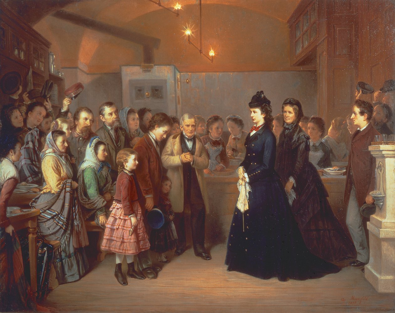 Kejsarinnan Elisabeth av Österrike besöker ett soppkök i Schoenlaterngasse av Heinrich August Mansfeld