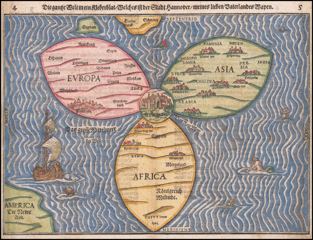 1581 Klöverblad världskarta av Heinrich Buenting av Heinrich Bünting
