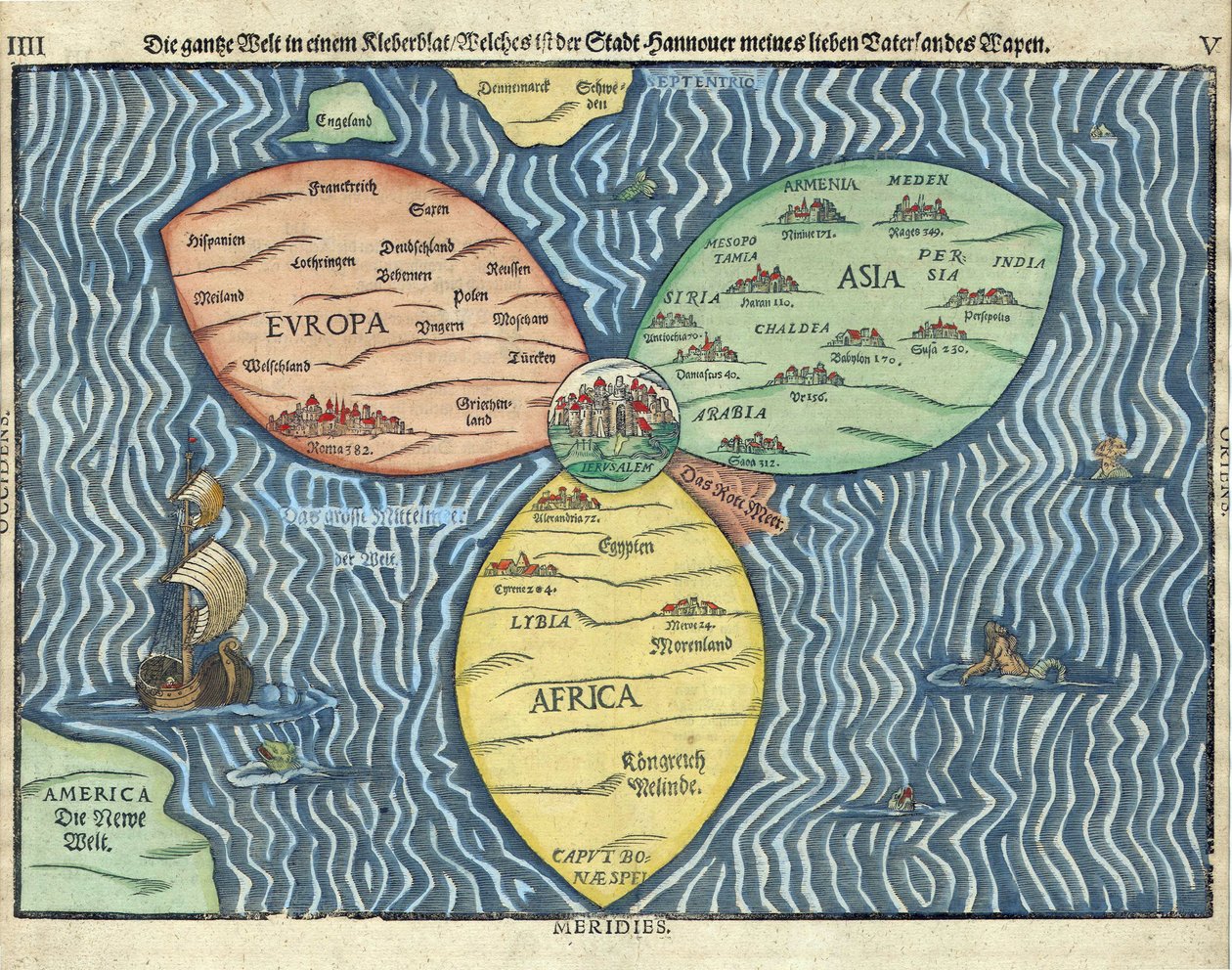 De tre kontinenterna med Jerusalem i världens centrum par Heinrich Buntig (Buentig)(1545-1606) av Heinrich Buntig
